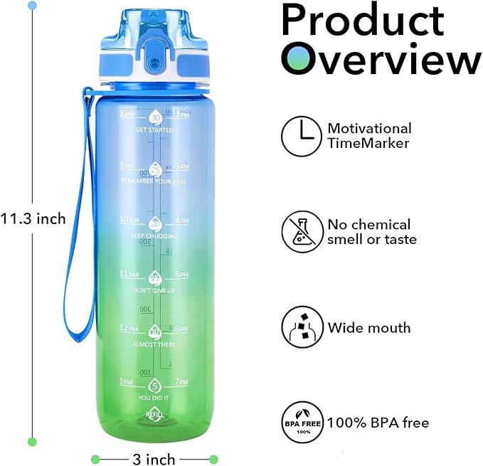 32oz Motivational Water Bottles with Time Marker &amp; Fruit Strainer, Transparent Gradient Color Water Bottle with Times to Drink, Leakproof &amp; BPA Free, Reusable Bottle with Strap (No Straw)