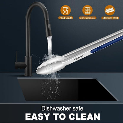 Tongs For Cooking - Heat Resistant 600 Degrees Stainless Steel Kitchen Tong, Heavy Duty Metal Locking Tongs - For Food,Salad, grilling, BBQ 7",9" &amp; 12 inch, set of 3 Dishwasher Safe Blue
