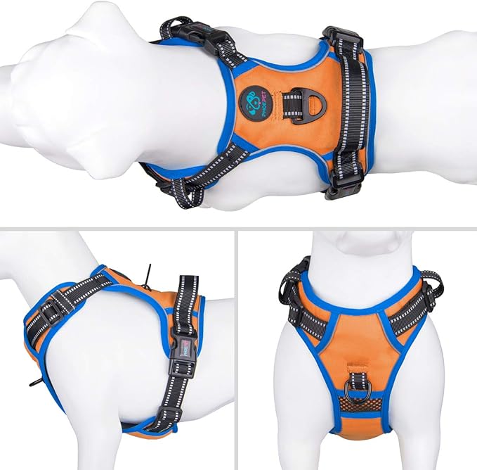 PHOEPET 2019 Reflective Dog Harness Large Breed Adjustable No Pull Vest with with Handle 2 Metal Rings 3 Buckles [Easy to Put on &amp; Take Off](L, Orange)