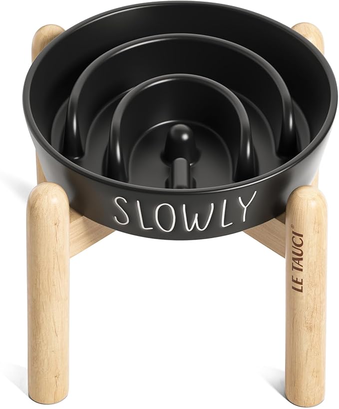 Ceramic Slow Feeder Bowl Elevated - 1.5 Cup with Wood Stand for Small &amp; Medium Breed, Anti-Gulping, Black