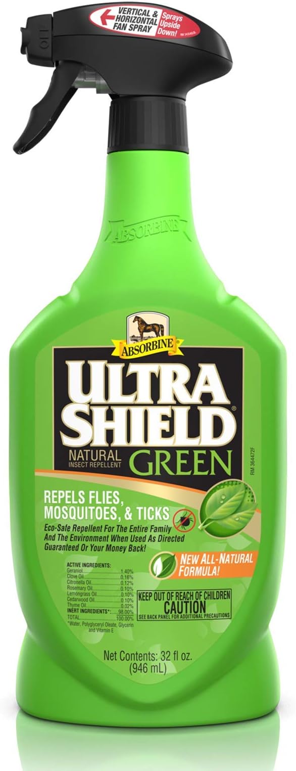 Absorbine UltraShield Green All-Natural Fly &amp; Insect Repellent for Horses &amp; Dogs, Essential Oils Repel &amp; Control, 32oz Spray Bottle