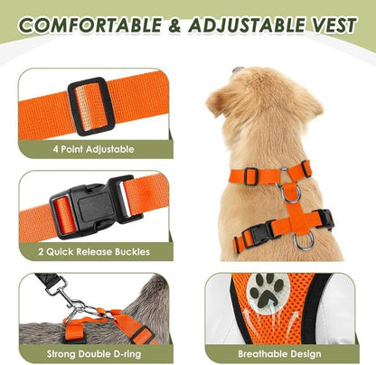 SlowTon Dog Seat Belt Harness for Car, Dog Car Harness Adjustable Mesh Breathable &amp; Dog Seatbelt Safety Tether with Elastic Bungee for Small Medium Large Pets(Orange, Double Clip, M)
