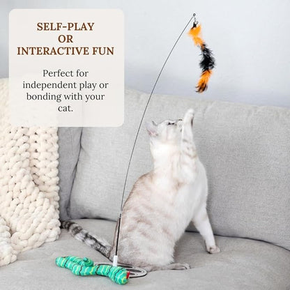 Cat Wand Toy with Round Base – Interactive Feather &amp; Glow-in-The-Dark Octopus Attachments – Suction Cup Cat Toy for Indoor Cats &amp; Kittens