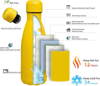Insulated Water Bottles,12 oz Double Wall Stainless Steel Vacumm Metal Flask for Sports Travel,Yellow