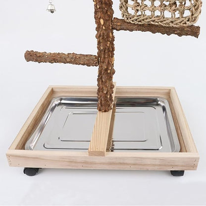 Natural Wood Parrot Stand - Ideal Toy &amp; Accessory for Parakeets, Canaries, Cockatiels, Conure, Lovebirds - Bird Perch Stand with Removable Tray Climbing Net Chewing Toys- Perfect Pet Birds Playstand