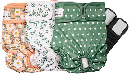 Pet Parents® Washable Dog Diapers (3pack) + Extendrs® of Durable Doggie Diapers, Premium Dog Diapers Female (Medium, Daisy)