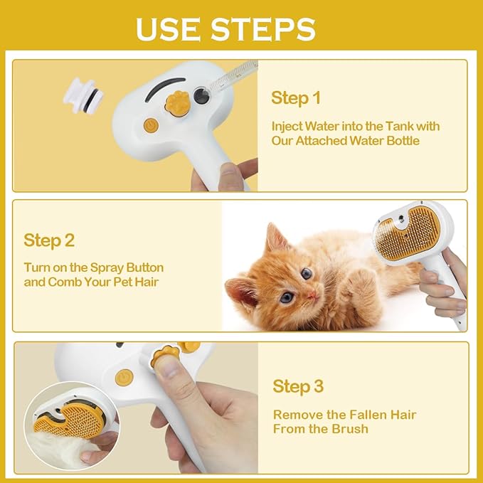 3-1 Cat Steam Brush for Shedding, Steamy Grooming Brush for Long &amp; Short Hair Cats &amp; Dogs, Self-Cleaning Pet Hair Removal Comb with Water Tank Dog