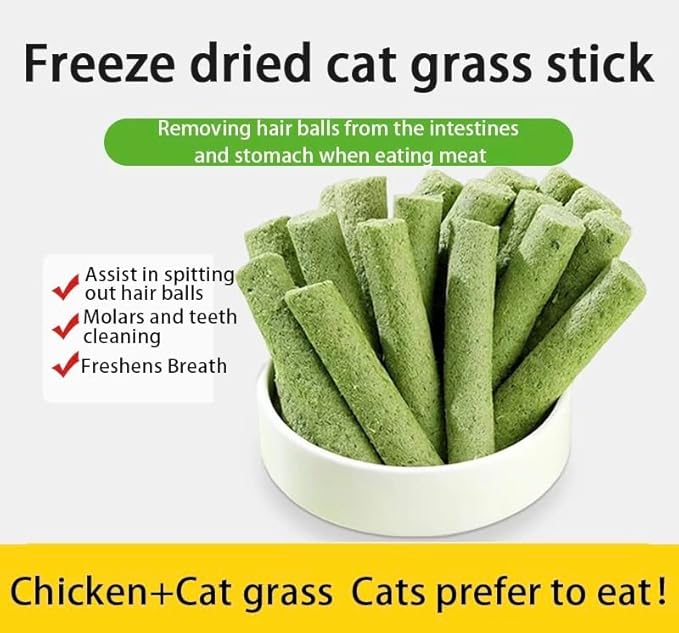 Cat Grass Teething Sticks for Hairball Removal &amp; Teeth Cleaning, Chicken Flavored, Natural Dental Treats for Indoor Cats