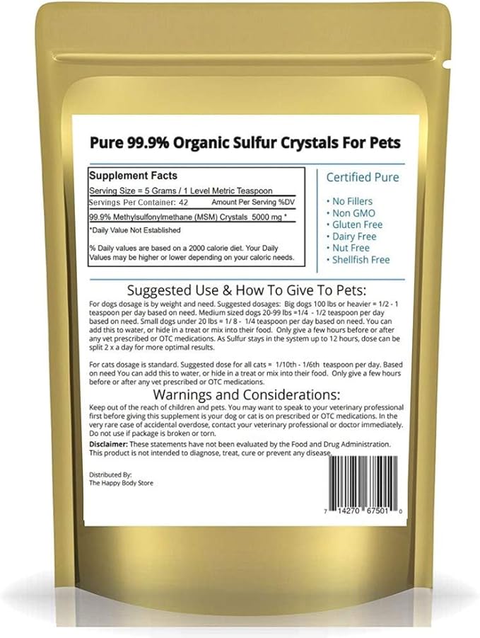 HAPPY BODY Pure MSM Joint Supplement for Dogs, Cats, &amp; Horses – 100% Additive-Free – High Performance, Supports Senior Pets Wellness, Healthy Joints, Mobility, Aches, &amp; Fatigue 7oz - 2 Packs
