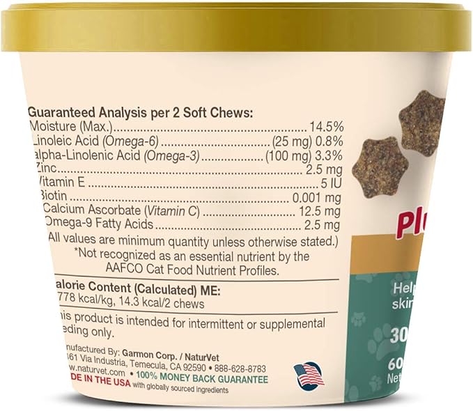 NaturVet – Skin &amp; Coat Plus Omegas for Cats – 60 Soft Chews | Supports Healthy Skin &amp; Glossy Coat | Enhanced with Omega-3, Omega-6 &amp; Biotin | 30 Day Supply
