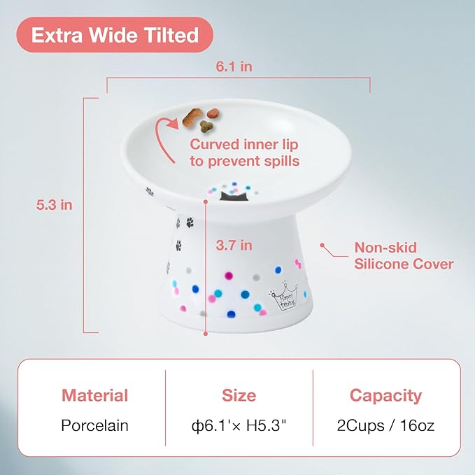 Necoichi Extra Wide Raised Cat Food Bowl, Elevated, Prevent Neck &amp; Whisker Fatigue, Dishwasher and Microwave Safe, No.1 Seller in Japan! (Colorful Dots Limited Edition, Extra Wide Tilted)