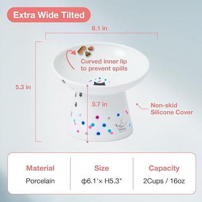 Necoichi Extra Wide Raised Cat Food Bowl, Elevated, Prevent Neck &amp; Whisker Fatigue, Dishwasher and Microwave Safe, No.1 Seller in Japan! (Colorful Dots Limited Edition, Extra Wide Tilted)