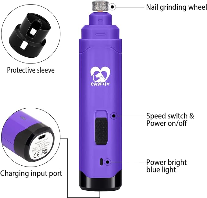 Casfuy Dog Nail Grinder Upgraded - Professional 2-Speed Electric Rechargeable Pet Nail Trimmer Painless Paws Grooming &amp; Smoothing for Small Medium Large Dogs &amp; Cats (Purple)