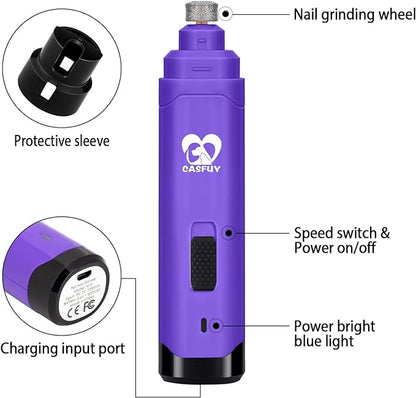 Casfuy Dog Nail Grinder Upgraded - Professional 2-Speed Electric Rechargeable Pet Nail Trimmer Painless Paws Grooming &amp; Smoothing for Small Medium Large Dogs &amp; Cats (Purple)