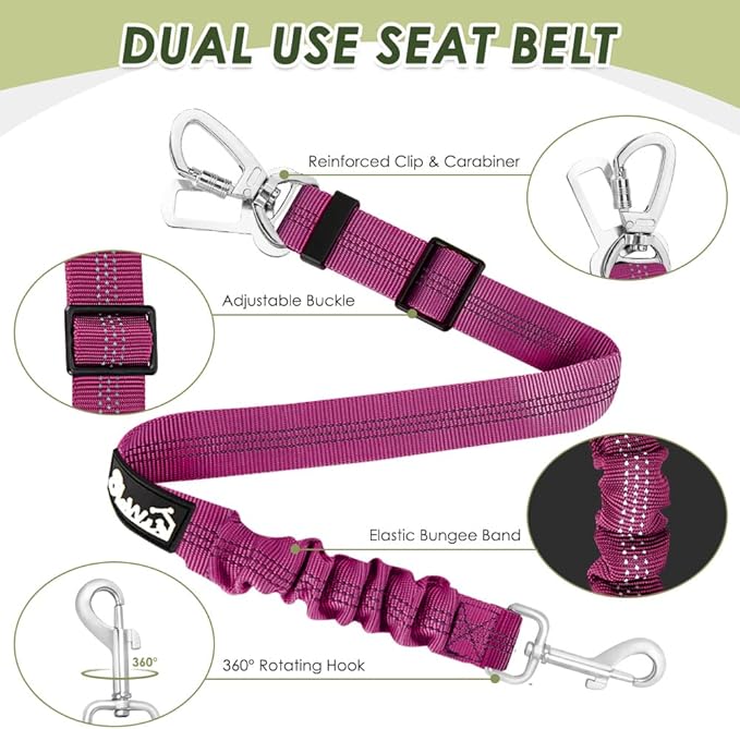 Lukovee Dog Seat Belt for Car, Adjustable Dog Car Harness for Large Medium Small Dogs, Soft Padded &amp; Breathable Mesh Dog Seatbelt with Car Strap and Carabiner(Rose Double Clip,Large)