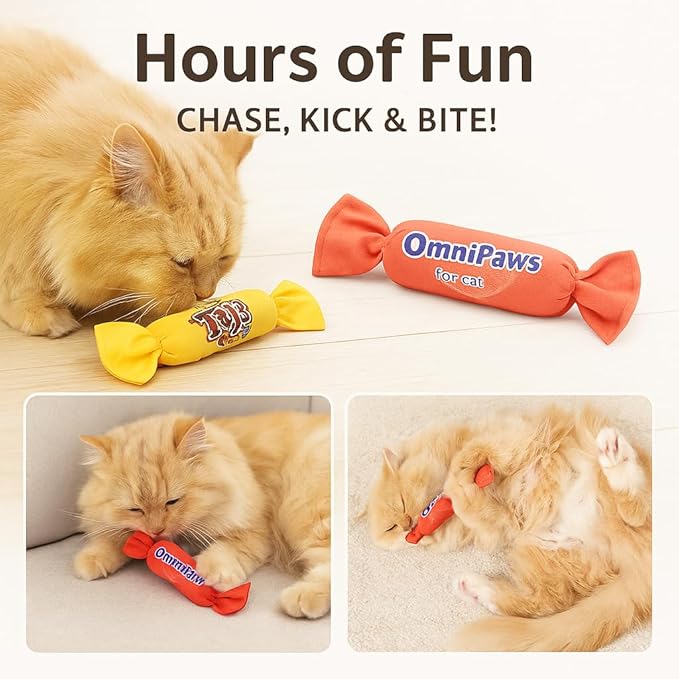 Catnip Candy Toys for Indoor Cats – 3-Pack Crinkle Cat Toys with Catnip Pouches, Durable Canvas &amp; Soft Filling, Cat Chew Toys for Kittens &amp; Adults (Yellow)