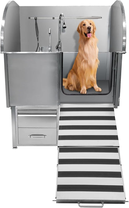 Professional Dog Grooming Tub, 38" Stainless Steel Dog Wash Station with Ramp, Storage Drawer, Floor Grate &amp; Faucet/Dog Bathtub for Large, Medium &amp; Small Pets, Right Door