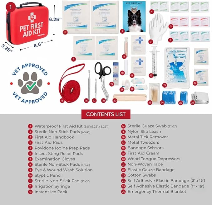 Dog First Aid Kit 2-Pack – Vet-Approved Pet First Aid Supplies for Dogs &amp; Cats in Emergencies – Pet First Aid Guide, Tick Remover, Slip Leash &amp; Medical Essentials for Home, Camping, Car, Travel