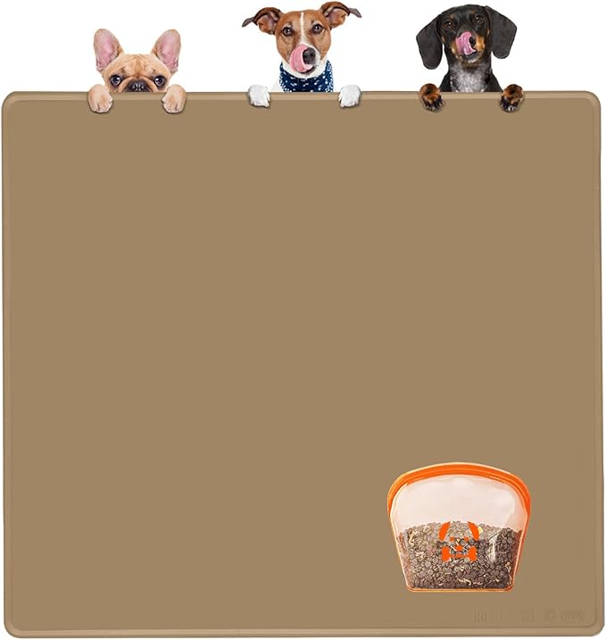KVK Extra Extra Large Silicone Dog Food Mat 39.4×43.3in and 128oz Silicone Bag Set, Super Size Waterproof Pet Feeding Mat &amp; Container, Non-Slip, Chew-Resistant Floor Protection (Taupe&amp;Orange)