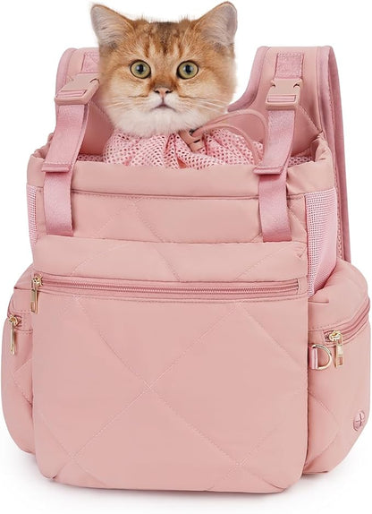 OFY Cat Carrier Puffy Backpack Breathable Small Dog Front Backpack Large Space for Small Dogs, Drawstring &amp; Water-Resisant Pet Bag for Travel Hiking, Lotus Pink Patent Pending