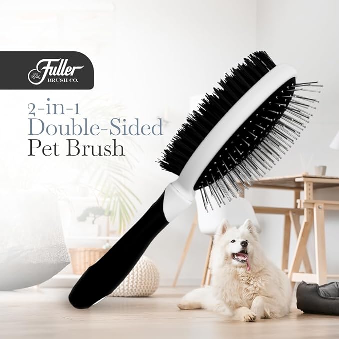 Fuller Brush 2-in-1 Double-Sided Pet Brush - Electroplated Round-Ended Steel Pins Positioned Into a Flexible Cushion on One Side &amp; Nylon Bristles - Remove Shedding - Tool For Grooming Dogs &amp; Cats