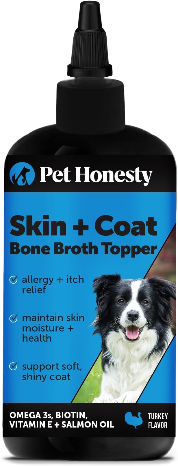 Dog Skin and Coat Supplement with Salmon Oil for Dogs - Allergy Itch Relief + Skin &amp; Coat Health, Dog Food Topper Bone Broth with Salmon Oil, Collagen, Biotin + Vitamin E (12 oz)