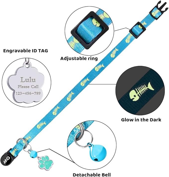 Personalized Breakaway Cat Collars Glow-in-The-Dark with ID Tag, Bell - Safety Quick - Release, Customizable for Female Male Kittens &amp; Cats (Blue)