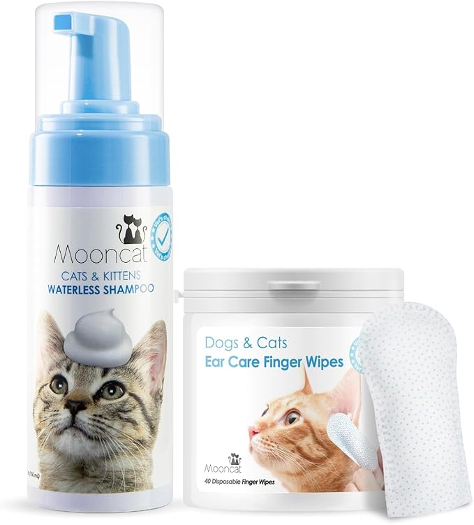 Mooncat Waterless Cat Grooming Bundle – No Rinse Foam Shampoo (5oz) + Cat Ear Cleaning Finger Wipes (40ct) | Licking Safe, pH Balanced, Dry Bath for Sensitive Cats, Removes Ear Wax &amp; Dirt, Daily Pet H