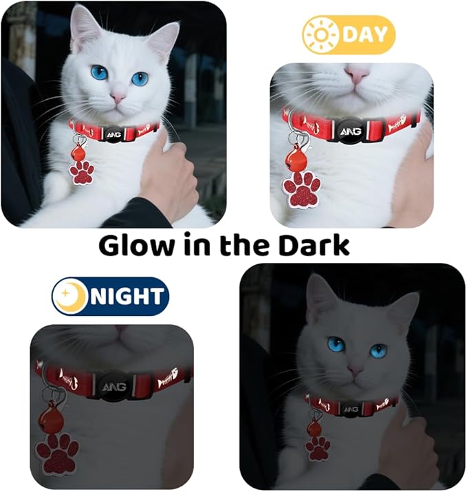 Personalized Breakaway Cat Collars Glow-in-The-Dark with ID Tag, Bell - Safety Quick - Release, Customizable for Female Male Kittens &amp; Cats (Red)