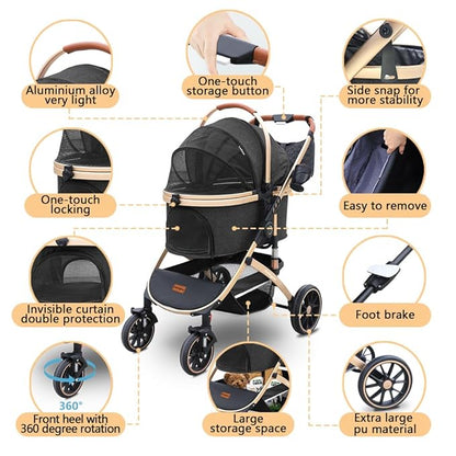 Pettingzoo Dog stroller with 4 Wheels, Folding Cat Stroller for Small/Medium/Large dogs &amp; cats to 60 lbs, pet stroller with removable carrier, Storage Basket,Cup Holder,3 in1 Multifunctiona Detachable