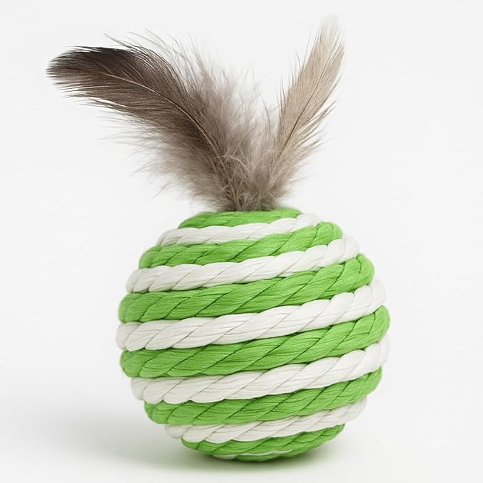 Ball for cat with Feathers - Balls for Cats– Natural Toy for Indoor Cats – Eco-Friendly, Durable, Interactive Play Balls for Kittens – Pet-Safe Chew &amp; Scratch Toys (Green)