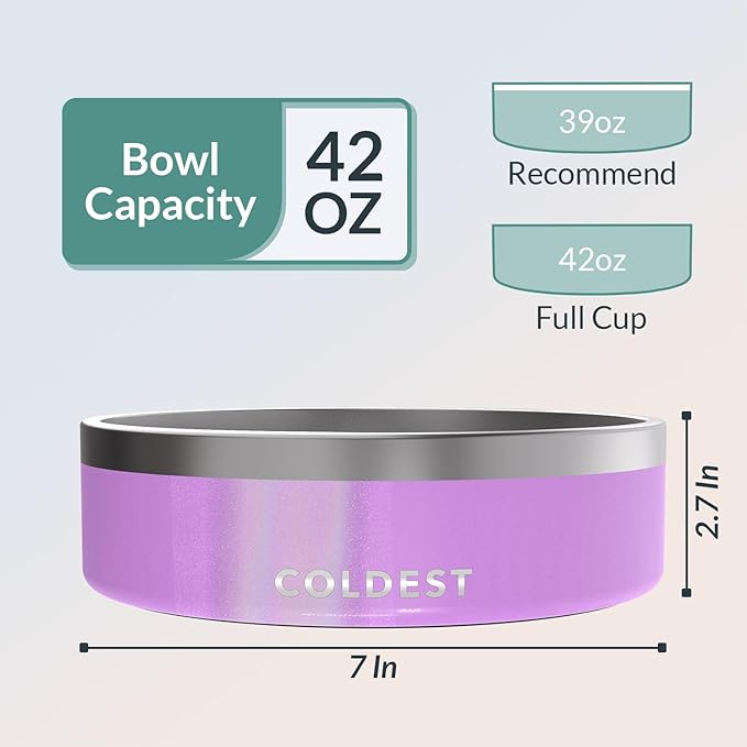 Coldest Dog Bowl - Anti Rust Metal, Non Slip, 3 Layers Insulated Stainless Steel Dog Bowls - Spill Proof &amp; Heavy Duty - Water Bowl for Dogs, Cats, Dish Washer Safe (42 oz, Saturns Purple Glitter)