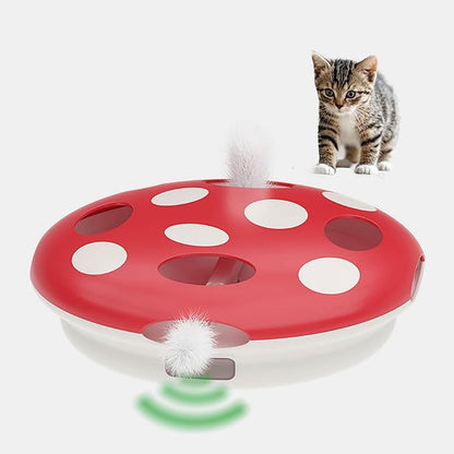 Interactive Cat Toy Automatic Mushroom - Whack-a-Mole Game with Rotating Feathers for Indoor Cats, Hide &amp; Seek Rechargeable Toys Boredom Relief Adult Kittens, Safe Chew Proof Design (Red)