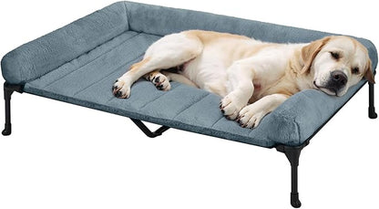 Veehoo Cooling Elevated Dog Bed with Fluffy Plush Bolster Cushion, Indoor Raised Dog Beds for Large Dogs, Soft Pet Sofa Cot with Removable Washable Mat, No-Slip Feet, 49 x 33 inches, Haze Blue