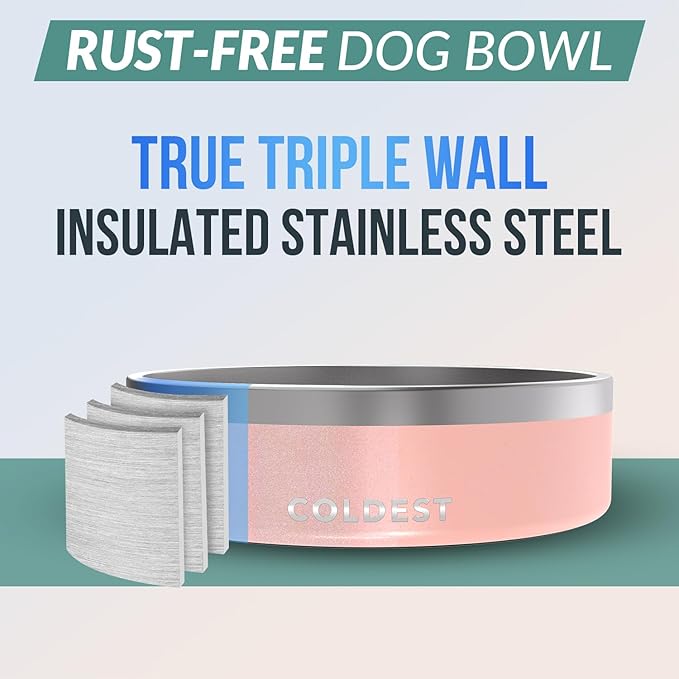 Coldest Dog Bowl - Anti Rust Metal, Non Slip, 3 Layers Insulated Stainless Steel Dog Bowls - Spill Proof &amp; Heavy Duty - Water Bowl for Dogs, Cats &amp; Pets, Dish Washer Safe (42 oz, Forever Pink Glitter)