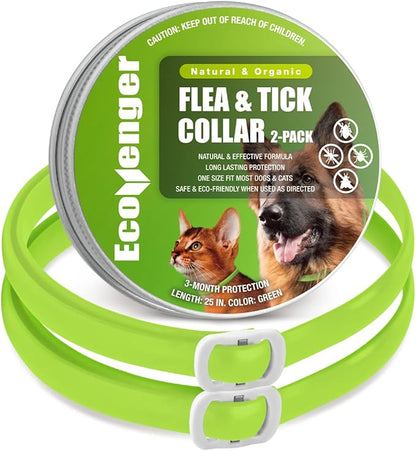 EcoVenger Flea &amp; Tick Collar Repellent 2-Pack Green, Fits Both Dogs &amp; Cats, Built-in Pant-Based Formula Strong Repellency Slow Release, Lasting Deterrence and Protection, Pleasant Aroma, Waterproof