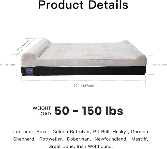 Laifug Orthopedic Memory Foam Extra Large Dog Bed Pillow(50"x36"x10", Slate Grey) Durable Water Proof Liner &amp; Removable Washable Cover &amp; Smart Design