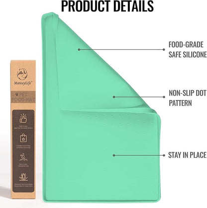MateeyLife Dog &amp; Cat Food Mat - Waterproof, Nonslip, Raised Edges, Silicone Tray for Messy Drinkers, 24"x16", Mint Green