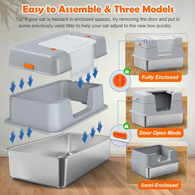 Vivifying Stainless Steel Litter Box with Lid, XL Side Entry Extra Large Litter Box for Big Cats &amp; Kitty, Removable Enclosed Metal Cat Pan with High Sided Enclosure, Scoop, Mat, Footboard (Gray)