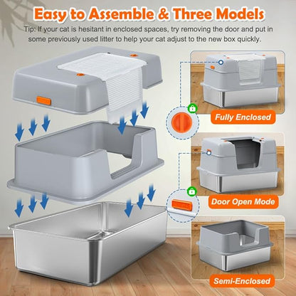 Vivifying Stainless Steel Litter Box with Lid, XL Side Entry Extra Large Litter Box for Big Cats &amp; Kitty, Removable Enclosed Metal Cat Pan with High Sided Enclosure, Scoop, Mat, Footboard (Gray)