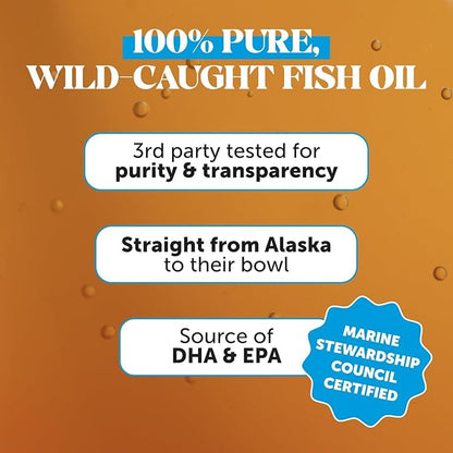 Omega 3 Fish Oil Supplement for Dogs &amp; Cats (16oz), Wild Caught Omega 3 Fish Oil for Skin and Coat Health, Supports Shedding, Skin &amp; Coat, Immunity, Joint, Brain &amp; Heart, EPA + DHA