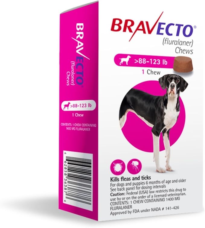 BRAVECTO Chew for Dogs, Flea &amp; Tick, 1 Chew, 12 Week Supply, 88-123 lbs., Pink Box