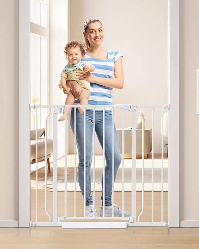 34" Extra Tall Baby Gate for Stairs, Auto Close Stroller Friendly Dog Gate Indoor for Doorways, Pressure Mounted 29"-40" W Baby Gate, Easy Walk Through Gate for Children &amp; Pets, White