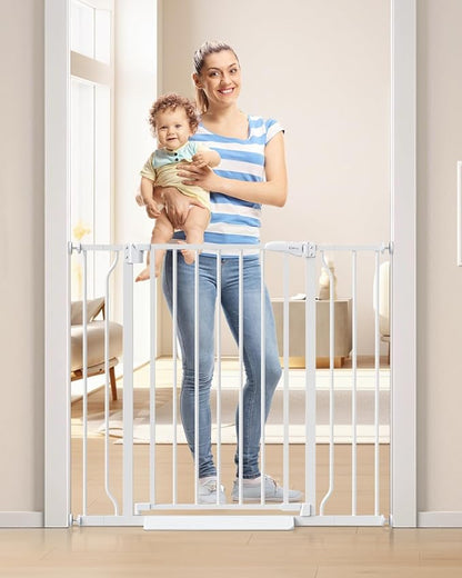 34" Extra Tall Baby Gate for Stairs, Auto Close Stroller Friendly Dog Gate Indoor for Doorways, Pressure Mounted 29"-40" W Baby Gate, Easy Walk Through Gate for Children &amp; Pets, White