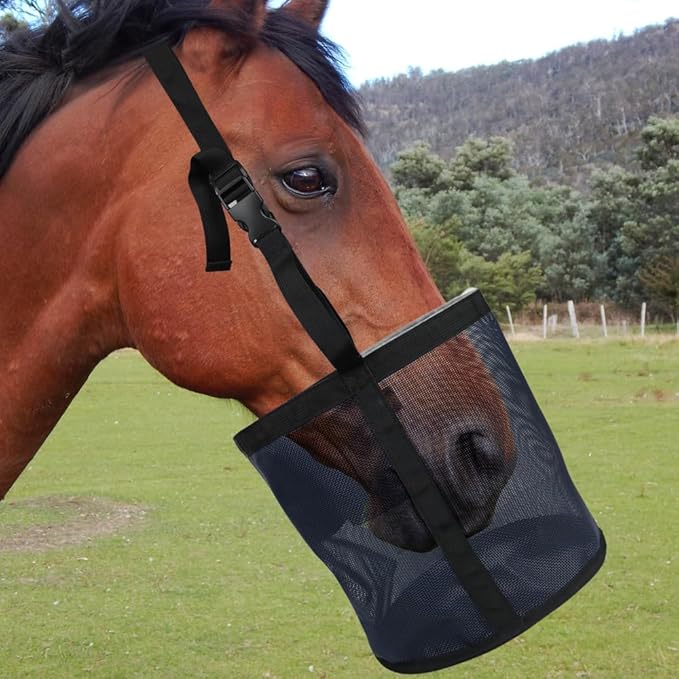 Heavy-Duty Horse Feed Bags - with Adjustable Strap, Comfort Neck &amp; Nose Pads, and Double Waterproof Bottom Mesh (2-Pack) (Blue x2)