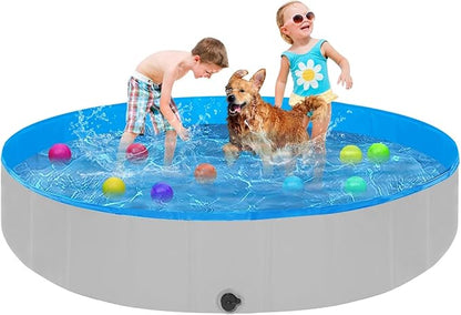 Foldable Dog Pool, 63" Kiddie Pool Hard Plastic, Portable Dog Swimming Pool for Large Dogs, Collapsible Pet Wading Pool &amp; Bath Tub Outdoor Kids Pool Anti-Slip