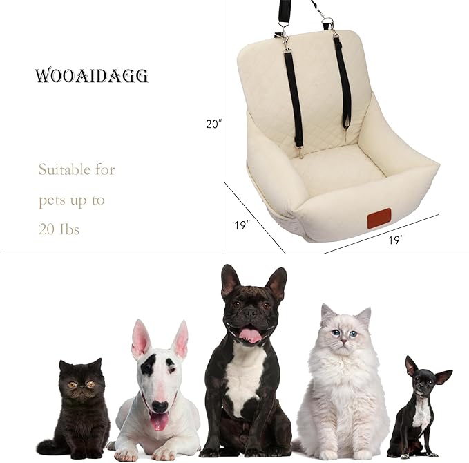 Dog Car Seat for Small Dogs,Ultra-Soft Fabric,2 Storage Pockets &amp; Safety Leash,Adjustable Straps,Easy to Install,Fully Detachable and Washable(Beige)