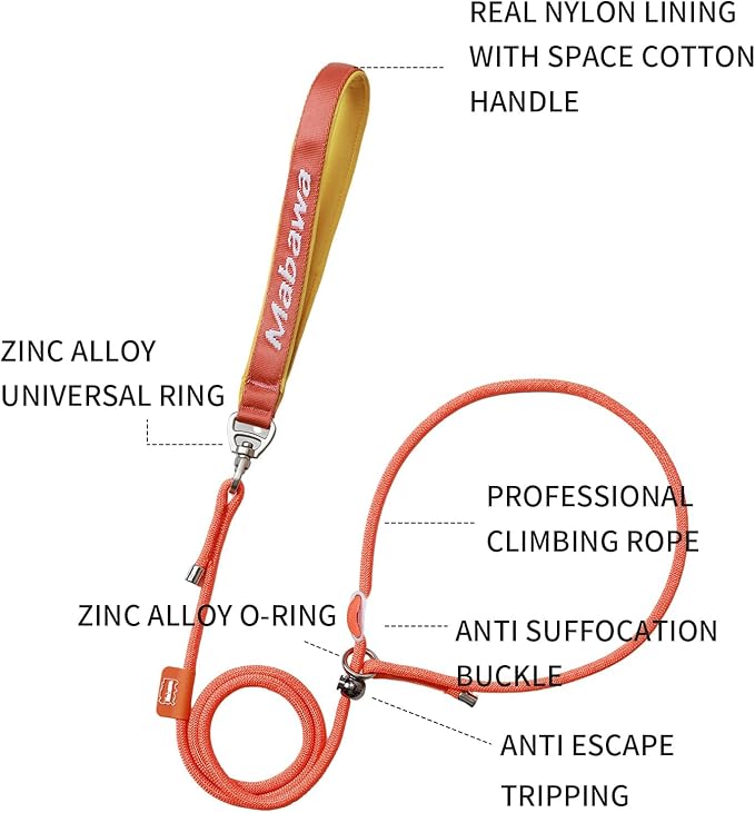 Dog Anti-Slip Leash 5FT with Metal Stopper - Durable No-Pull Training Lead for Small, Medium &amp; Large Dogs - Comfortable Handle Nylon Rope, Tangle-Free Pet Walking Leash (Orange, 5 FT)