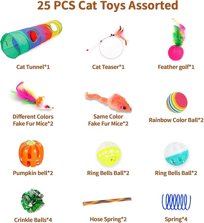 iCAGY 25-Piece Cat Toys Kit with Rainbow Tunnel - Interactive Cat Toy Bundle for Indoor Cats, Kitten Playtime Variety Set Includes Feather Teaser, Springs, Balls, Mice &amp; Noise Toys