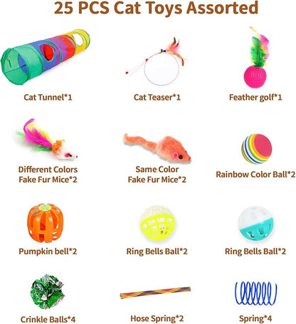 iCAGY 25-Piece Cat Toys Kit with Rainbow Tunnel - Interactive Cat Toy Bundle for Indoor Cats, Kitten Playtime Variety Set Includes Feather Teaser, Springs, Balls, Mice &amp; Noise Toys